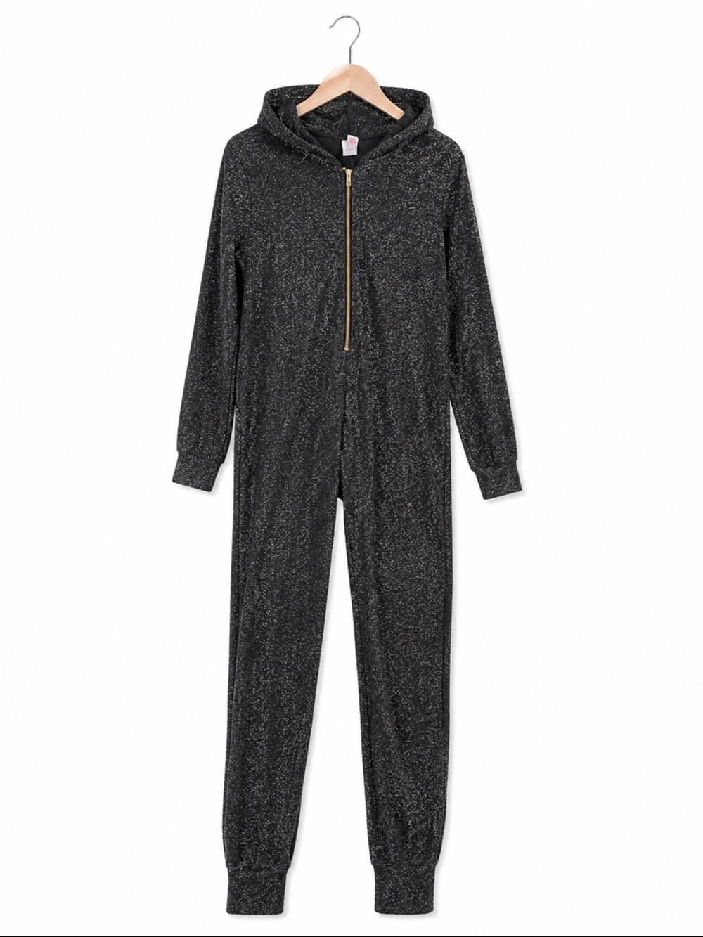Savage X Fenty Sleep & Shine Black Shimmer Hooded Onesie Jumpsuit M
